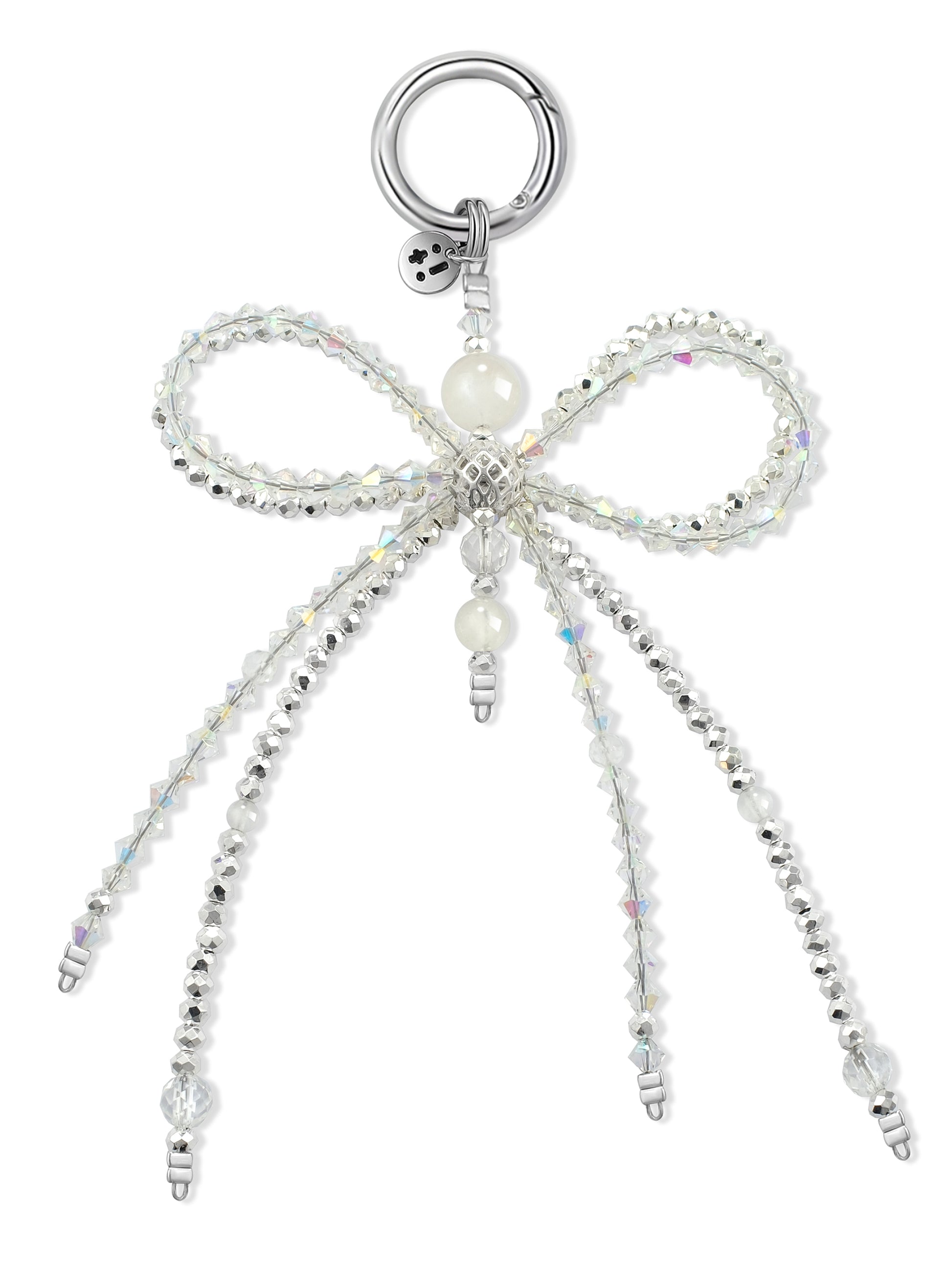 white Clear Quartz bag charm – Clear Elegance Ribbon Charm – Strappy Club