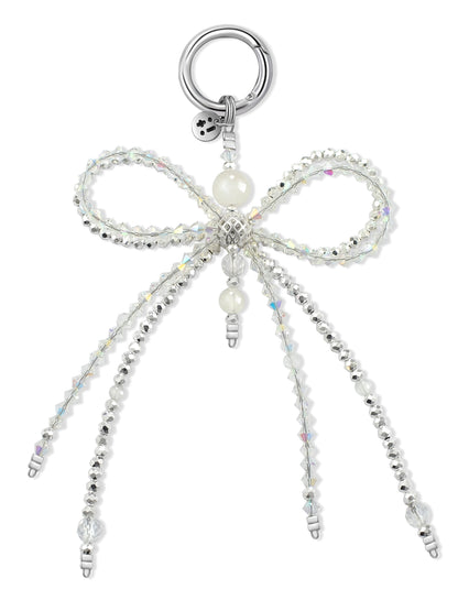 white Clear Quartz bag charm – Clear Elegance Ribbon Charm – Strappy Club