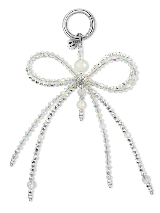 white Clear Quartz bag charm – Clear Elegance Ribbon Charm – Strappy Club