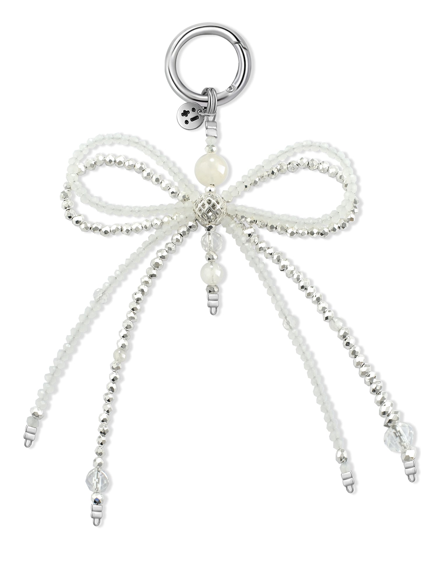white Clear Quartz bag charm – Snowball Sparkle Ribbon Charm – Strappy Club