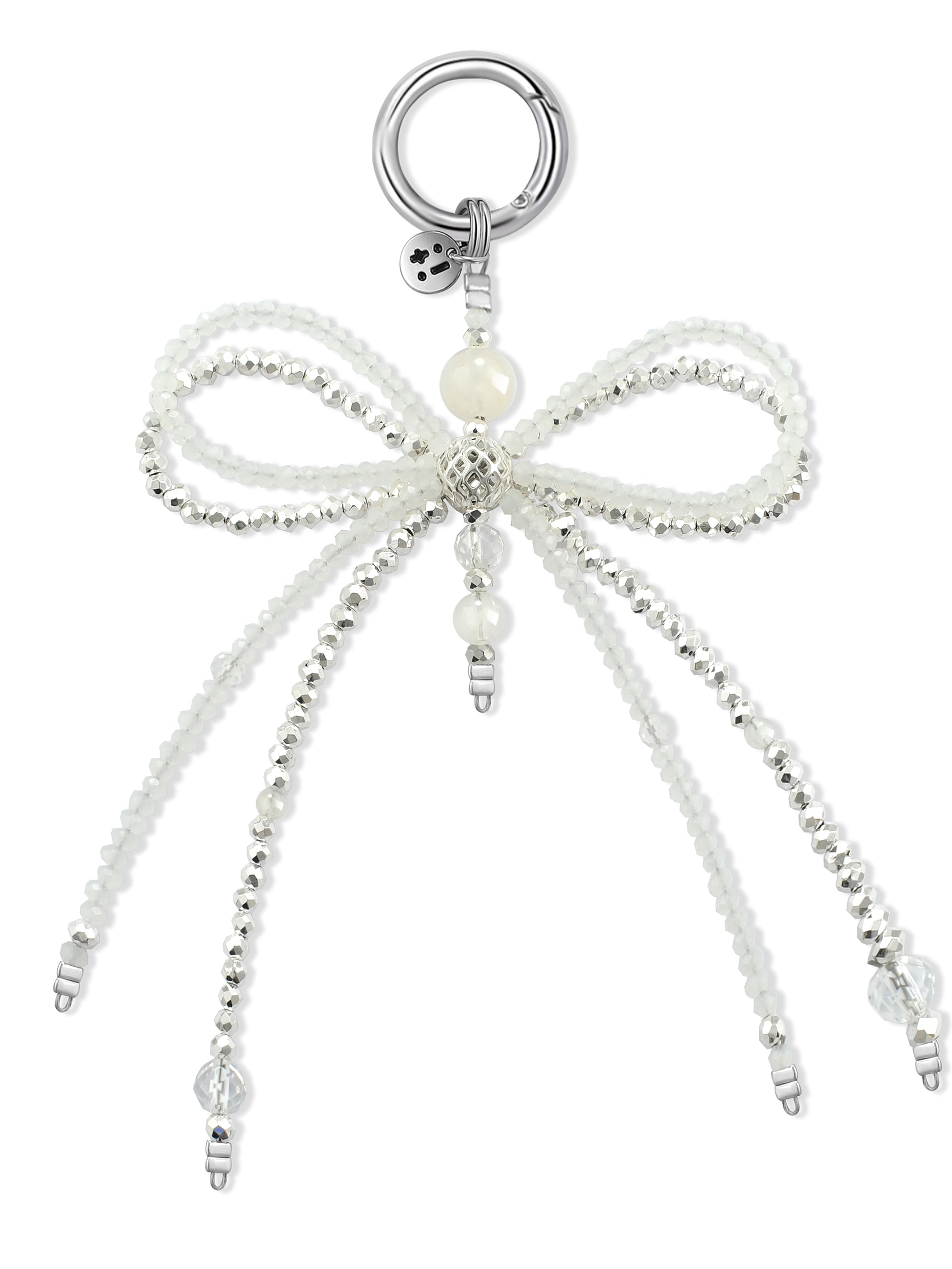 white Clear Quartz bag charm – Snowball Sparkle Ribbon Charm – Strappy Club
