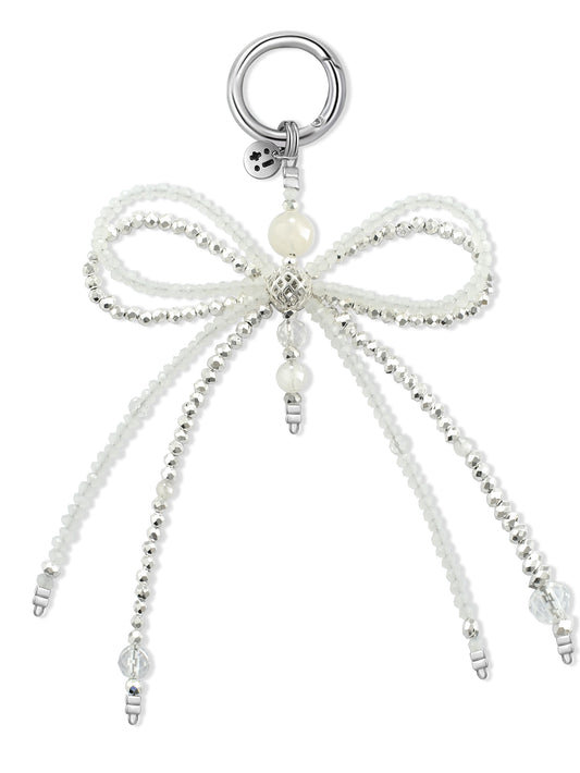 white Clear Quartz bag charm – Snowball Sparkle Ribbon Charm – Strappy Club